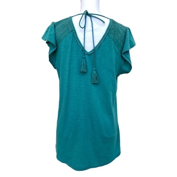DEMOCRACY Embroidered V-Neck Turquoise Loose Top - Picture 4 of 5